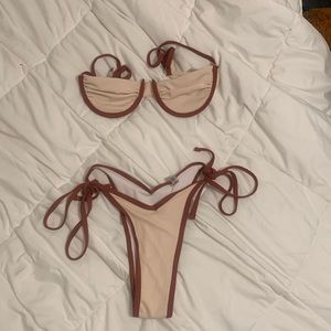 A brown and beige two piece thong high waisted  bikini.